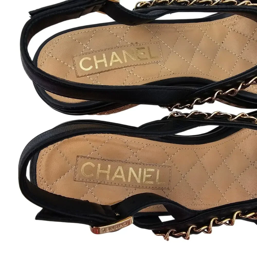 Chanel CC Chain Black Leather Platform Wedge Sandal Gold Brown Size 39 8 8.5